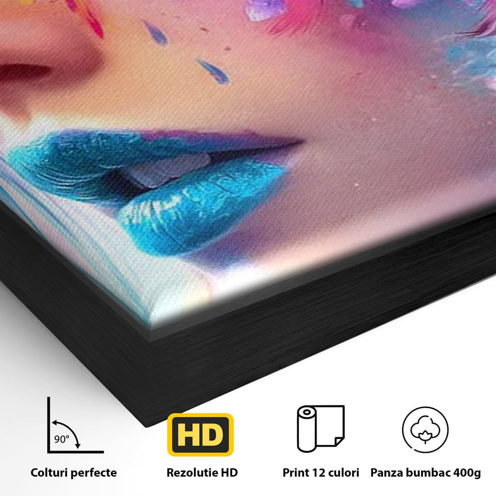 Tablou Canvas Premium, LuxCanva® G1164, Fantezie Florala, Cromatic, Culori, Vis, Explozie, Emotii, Floral, Pleoape, Albastre, Pene, Machiaj, Par, Artistic, Salon, Birou, Living, Dormitor