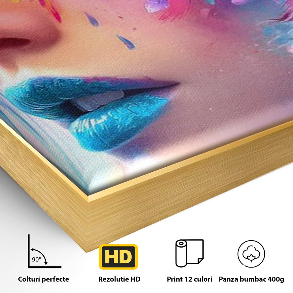 Tablou Canvas Premium, LuxCanva® G1164, Fantezie Florala, Cromatic, Culori, Vis, Explozie, Emotii, Floral, Pleoape, Albastre, Pene, Machiaj, Par, Artistic, Salon, Birou, Living, Dormitor
