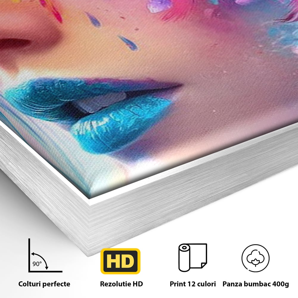 Tablou Canvas Premium, LuxCanva® G1164, Fantezie Florala, Cromatic, Culori, Vis, Explozie, Emotii, Floral, Pleoape, Albastre, Pene, Machiaj, Par, Artistic, Salon, Birou, Living, Dormitor