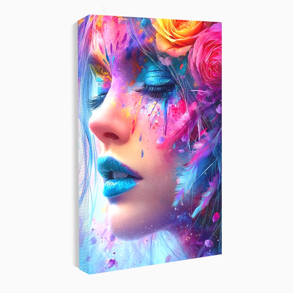 Tablou Canvas Premium, LuxCanva® G1164, Fantezie Florala, Cromatic, Culori, Vis, Explozie, Emotii, Floral, Pleoape, Albastre, Pene, Machiaj, Par, Artistic, Salon, Birou, Living, Dormitor