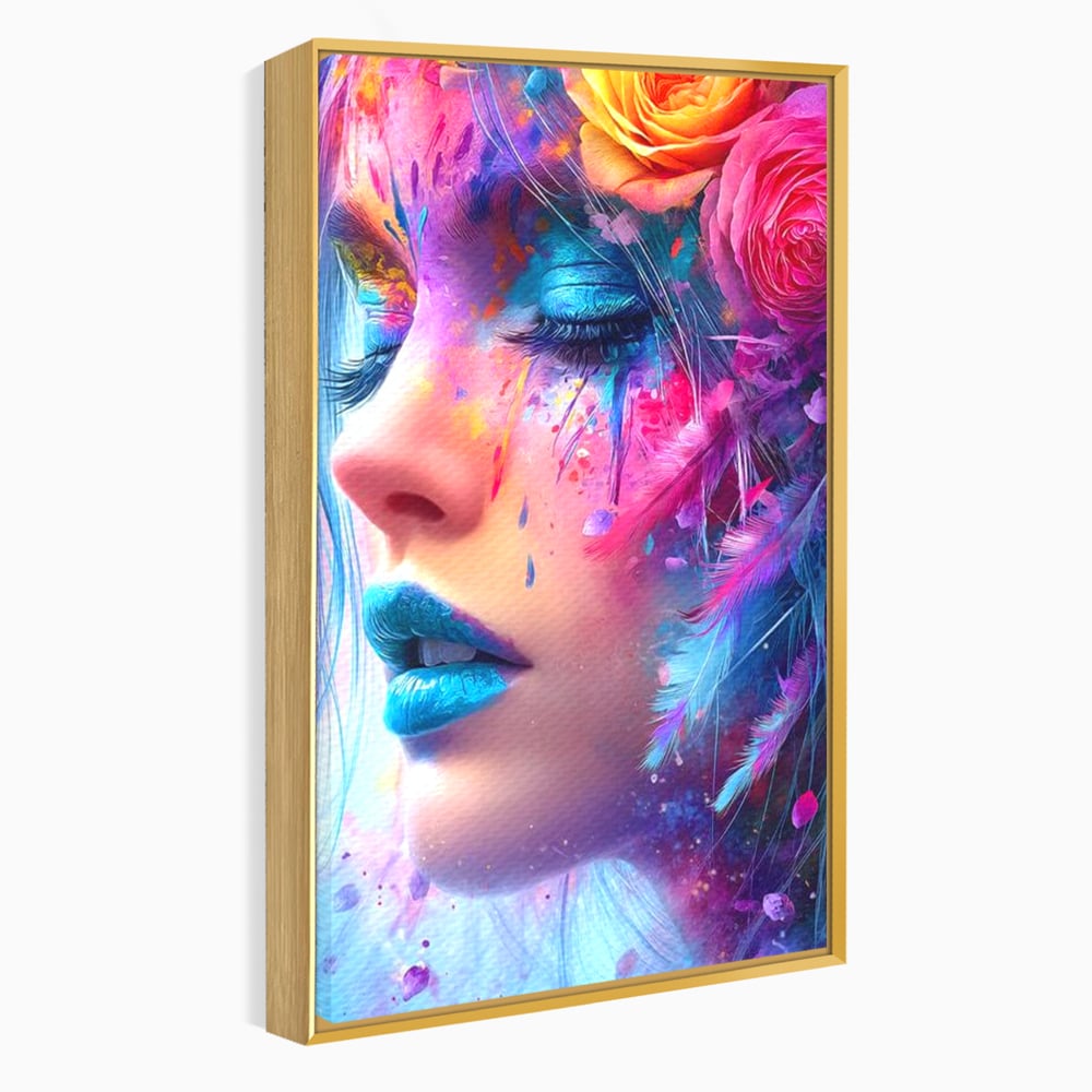 Tablou Canvas Premium, LuxCanva® G1164, Fantezie Florala, Cromatic, Culori, Vis, Explozie, Emotii, Floral, Pleoape, Albastre, Pene, Machiaj, Par, Artistic, Salon, Birou, Living, Dormitor