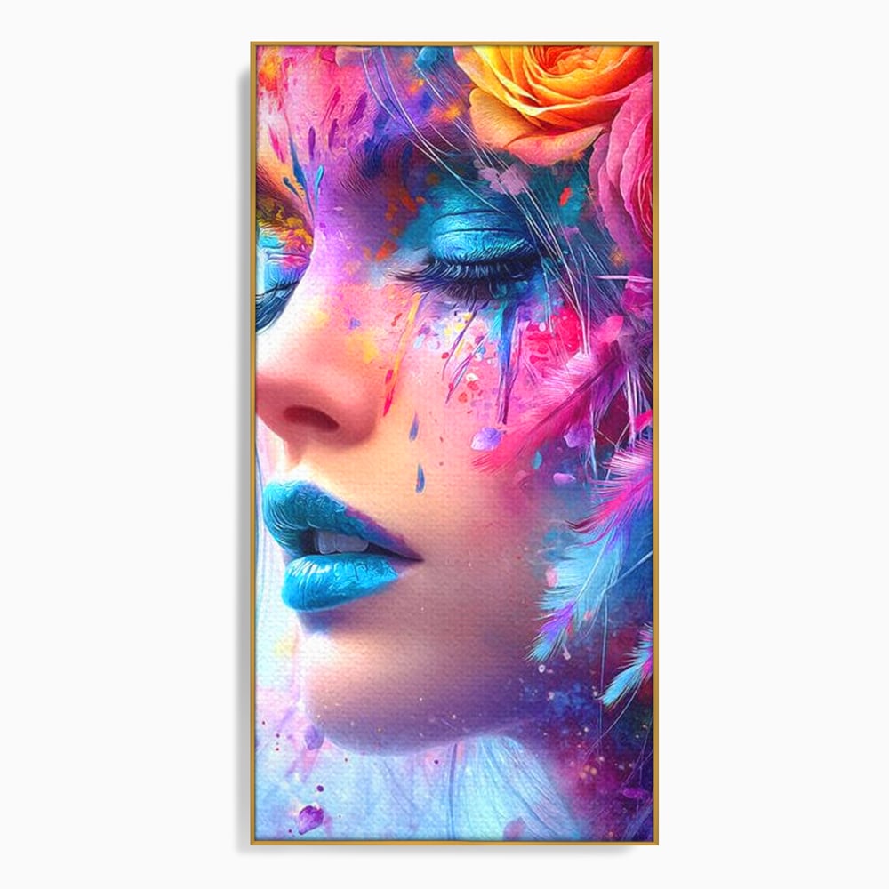 Tablou Canvas Premium, LuxCanva® G1164, Fantezie Florala, Cromatic, Culori, Vis, Explozie, Emotii, Floral, Pleoape, Albastre, Pene, Machiaj, Par, Artistic, Salon, Birou, Living, Dormitor