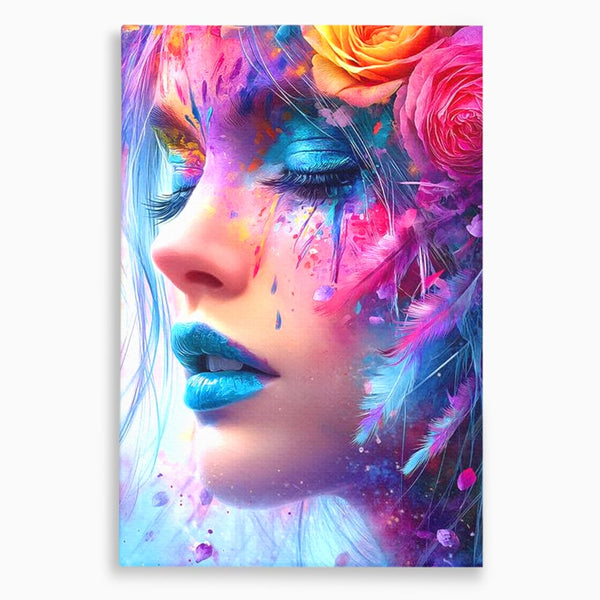 Tablou Canvas Premium, LuxCanva® G1164, Fantezie Florala, Cromatic, Culori, Vis, Explozie, Emotii, Floral, Pleoape, Albastre, Pene, Machiaj, Par, Artistic, Salon, Birou, Living, Dormitor