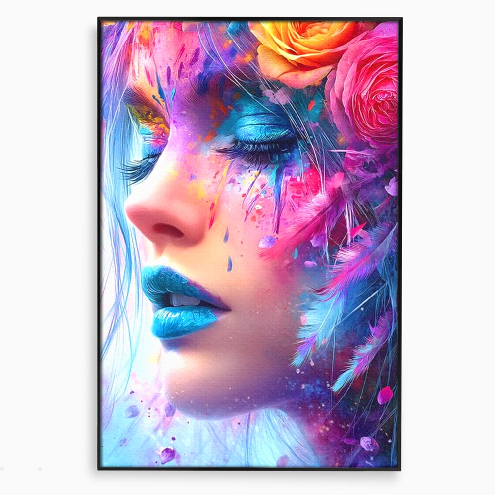 Tablou Canvas Premium, LuxCanva® G1164, Fantezie Florala, Cromatic, Culori, Vis, Explozie, Emotii, Floral, Pleoape, Albastre, Pene, Machiaj, Par, Artistic, Salon, Birou, Living, Dormitor