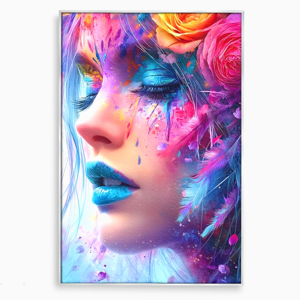 Tablou Canvas Premium, LuxCanva® G1164, Fantezie Florala, Cromatic, Culori, Vis, Explozie, Emotii, Floral, Pleoape, Albastre, Pene, Machiaj, Par, Artistic, Salon, Birou, Living, Dormitor