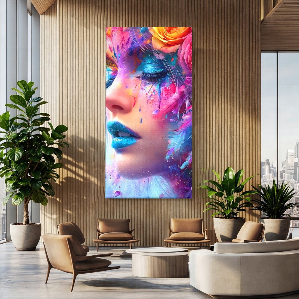 Tablou Canvas Premium, LuxCanva® G1164, Fantezie Florala, Cromatic, Culori, Vis, Explozie, Emotii, Floral, Pleoape, Albastre, Pene, Machiaj, Par, Artistic, Salon, Birou, Living, Dormitor