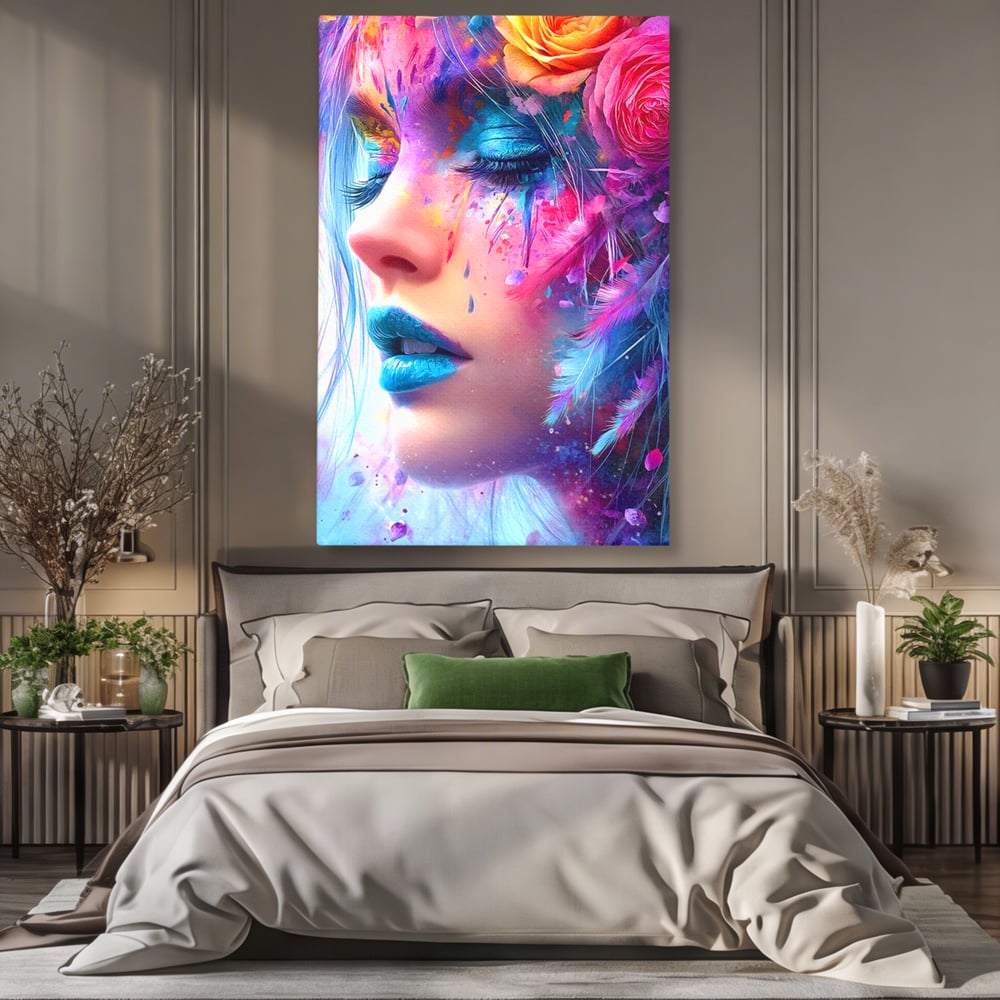 Tablou Canvas Premium, LuxCanva® G1164, Fantezie Florala, Cromatic, Culori, Vis, Explozie, Emotii, Floral, Pleoape, Albastre, Pene, Machiaj, Par, Artistic, Salon, Birou, Living, Dormitor