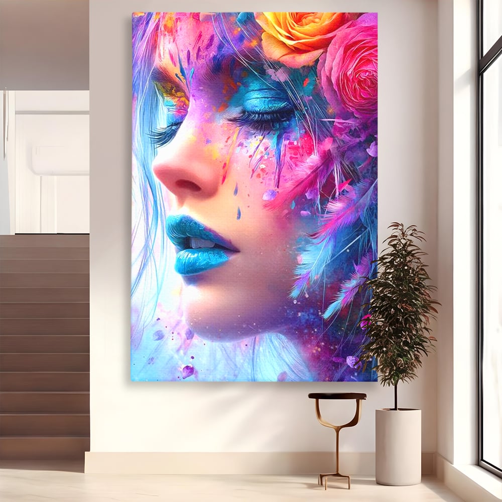 Tablou Canvas Premium, LuxCanva® G1164, Fantezie Florala, Cromatic, Culori, Vis, Explozie, Emotii, Floral, Pleoape, Albastre, Pene, Machiaj, Par, Artistic, Salon, Birou, Living, Dormitor