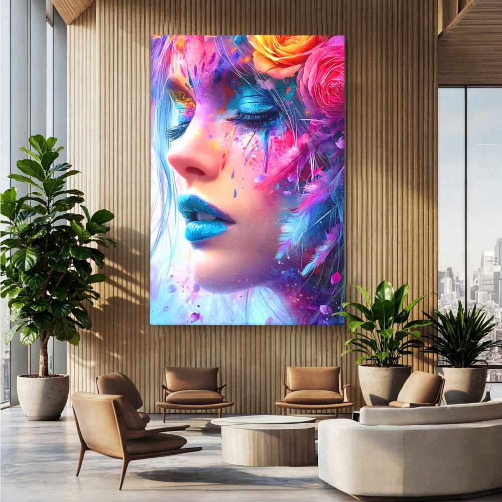 Tablou Canvas Premium, LuxCanva® G1164, Fantezie Florala, Cromatic, Culori, Vis, Explozie, Emotii, Floral, Pleoape, Albastre, Pene, Machiaj, Par, Artistic, Salon, Birou, Living, Dormitor