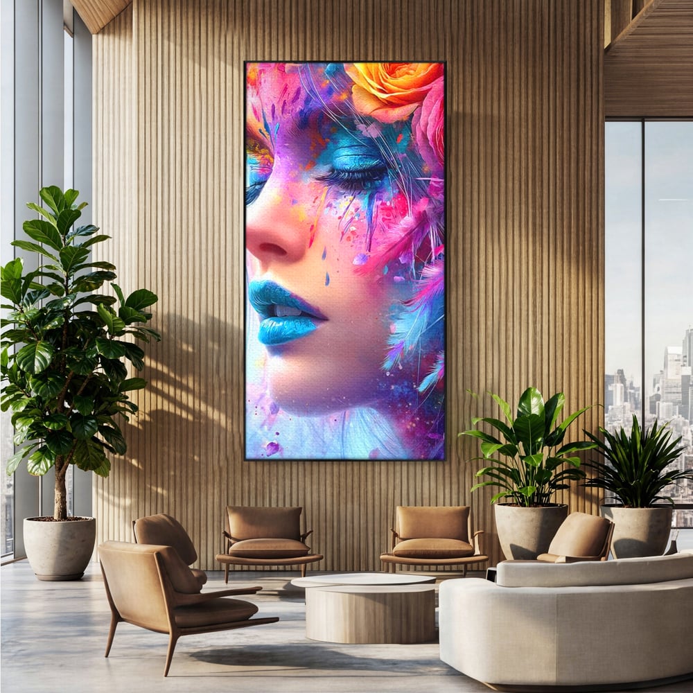 Tablou Canvas Premium, LuxCanva® G1164, Fantezie Florala, Cromatic, Culori, Vis, Explozie, Emotii, Floral, Pleoape, Albastre, Pene, Machiaj, Par, Artistic, Salon, Birou, Living, Dormitor