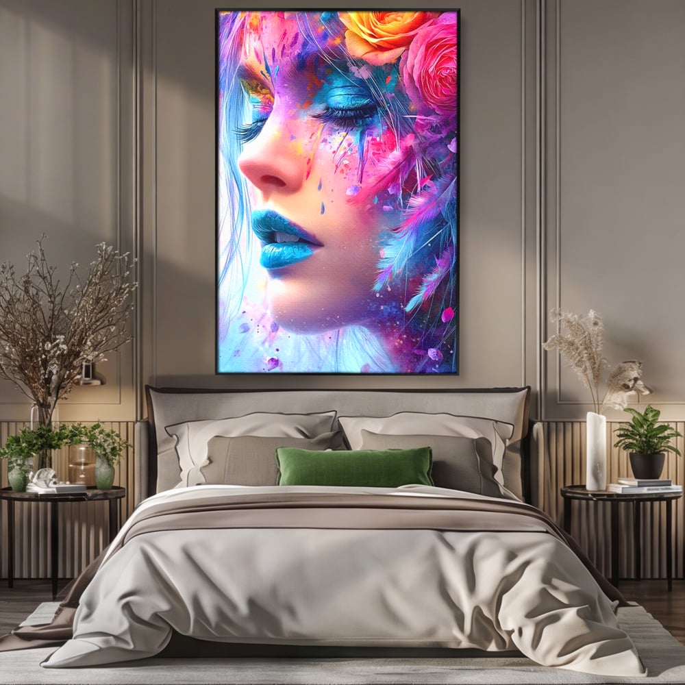 Tablou Canvas Premium, LuxCanva® G1164, Fantezie Florala, Cromatic, Culori, Vis, Explozie, Emotii, Floral, Pleoape, Albastre, Pene, Machiaj, Par, Artistic, Salon, Birou, Living, Dormitor