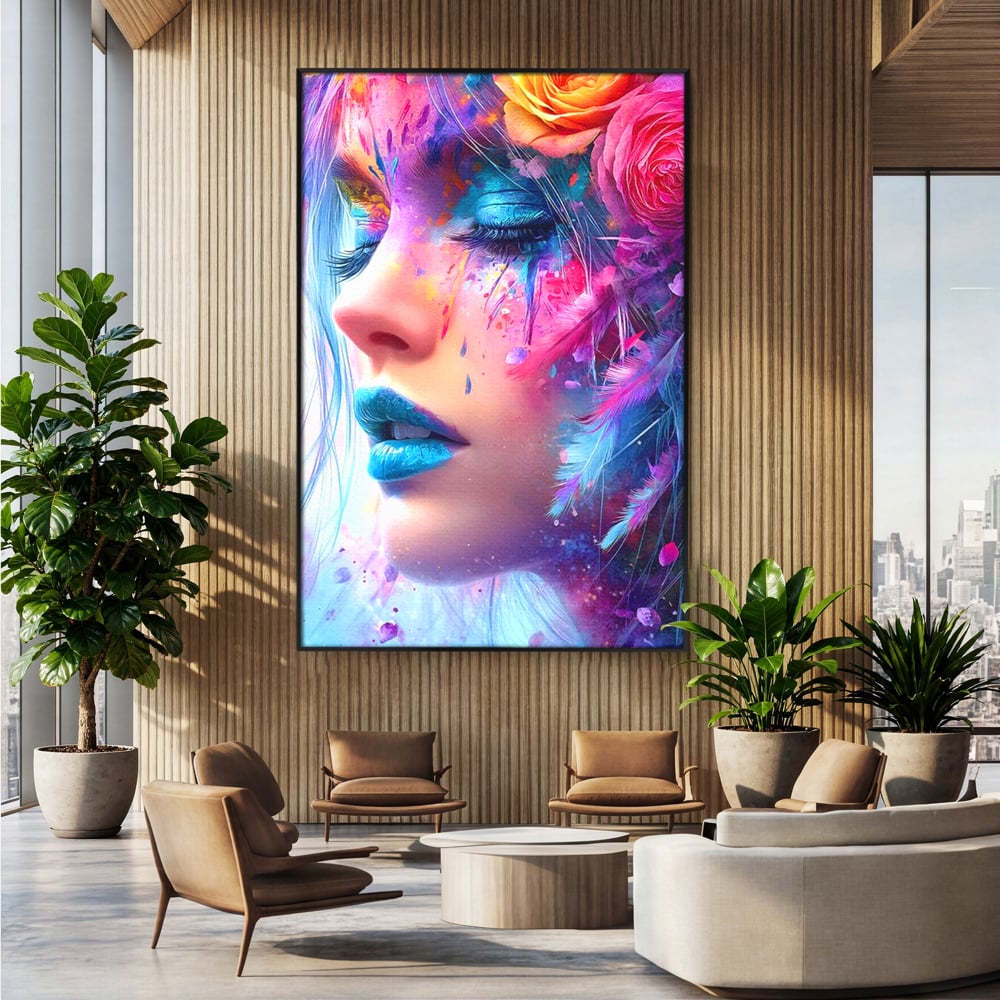 Tablou Canvas Premium, LuxCanva® G1164, Fantezie Florala, Cromatic, Culori, Vis, Explozie, Emotii, Floral, Pleoape, Albastre, Pene, Machiaj, Par, Artistic, Salon, Birou, Living, Dormitor