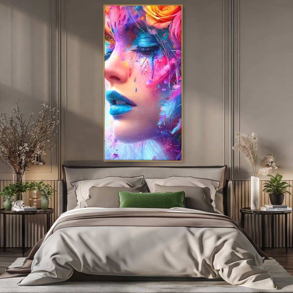 Tablou Canvas Premium, LuxCanva® G1164, Fantezie Florala, Cromatic, Culori, Vis, Explozie, Emotii, Floral, Pleoape, Albastre, Pene, Machiaj, Par, Artistic, Salon, Birou, Living, Dormitor