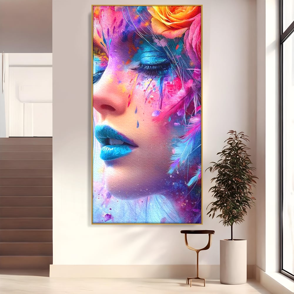 Tablou Canvas Premium, LuxCanva® G1164, Fantezie Florala, Cromatic, Culori, Vis, Explozie, Emotii, Floral, Pleoape, Albastre, Pene, Machiaj, Par, Artistic, Salon, Birou, Living, Dormitor