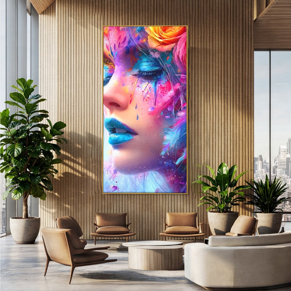 Tablou Canvas Premium, LuxCanva® G1164, Fantezie Florala, Cromatic, Culori, Vis, Explozie, Emotii, Floral, Pleoape, Albastre, Pene, Machiaj, Par, Artistic, Salon, Birou, Living, Dormitor