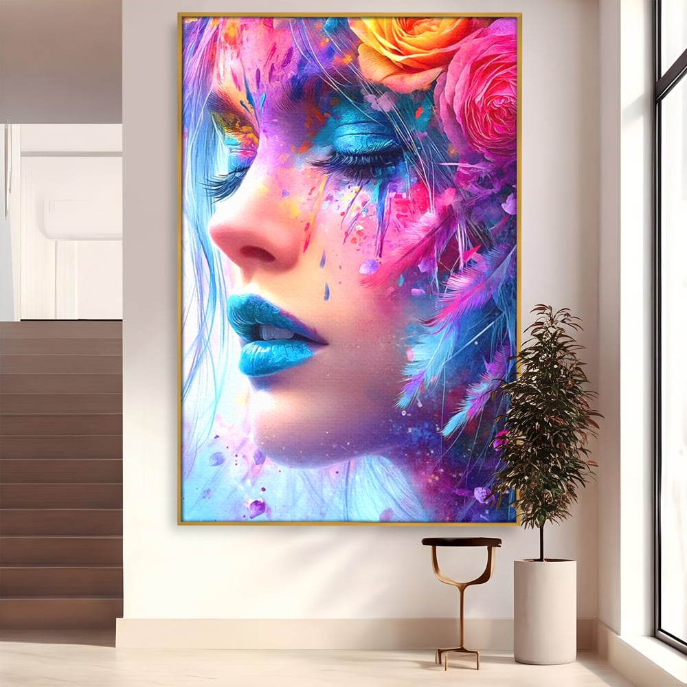 Tablou Canvas Premium, LuxCanva® G1164, Fantezie Florala, Cromatic, Culori, Vis, Explozie, Emotii, Floral, Pleoape, Albastre, Pene, Machiaj, Par, Artistic, Salon, Birou, Living, Dormitor
