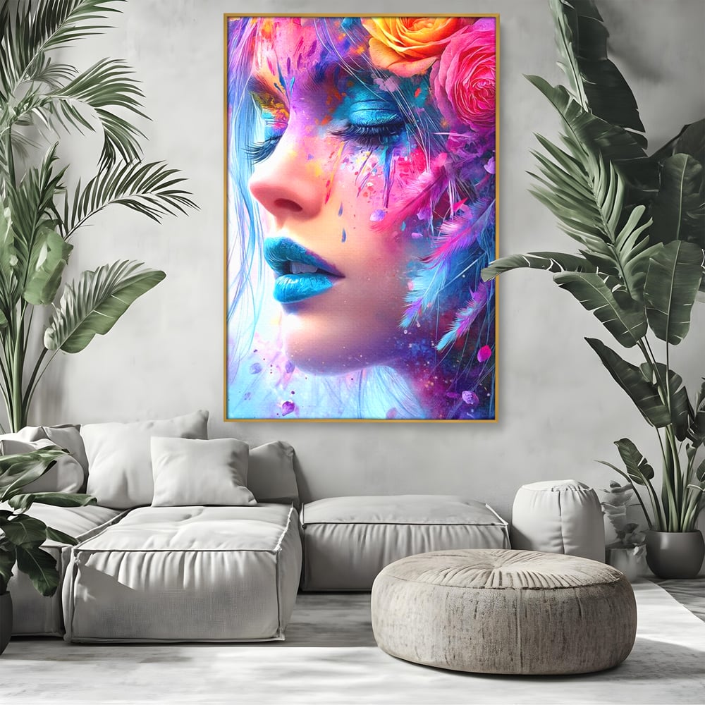 Tablou Canvas Premium, LuxCanva® G1164, Fantezie Florala, Cromatic, Culori, Vis, Explozie, Emotii, Floral, Pleoape, Albastre, Pene, Machiaj, Par, Artistic, Salon, Birou, Living, Dormitor