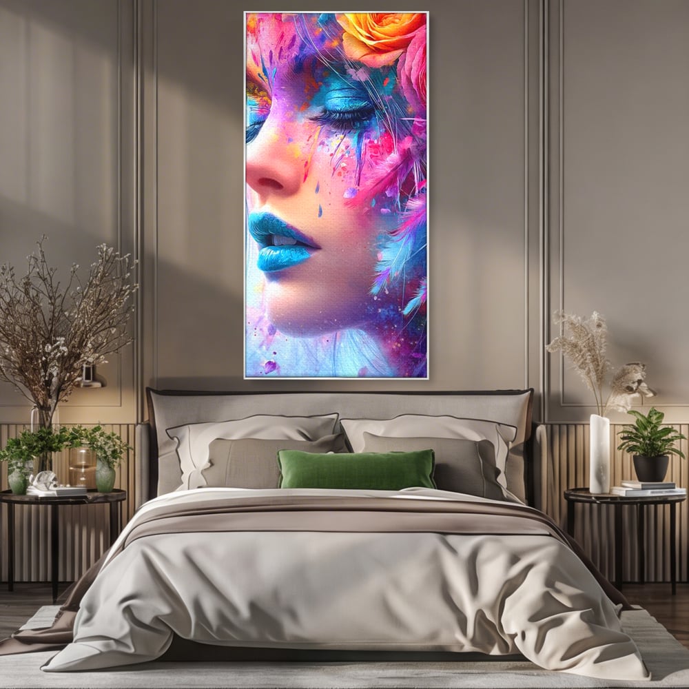 Tablou Canvas Premium, LuxCanva® G1164, Fantezie Florala, Cromatic, Culori, Vis, Explozie, Emotii, Floral, Pleoape, Albastre, Pene, Machiaj, Par, Artistic, Salon, Birou, Living, Dormitor