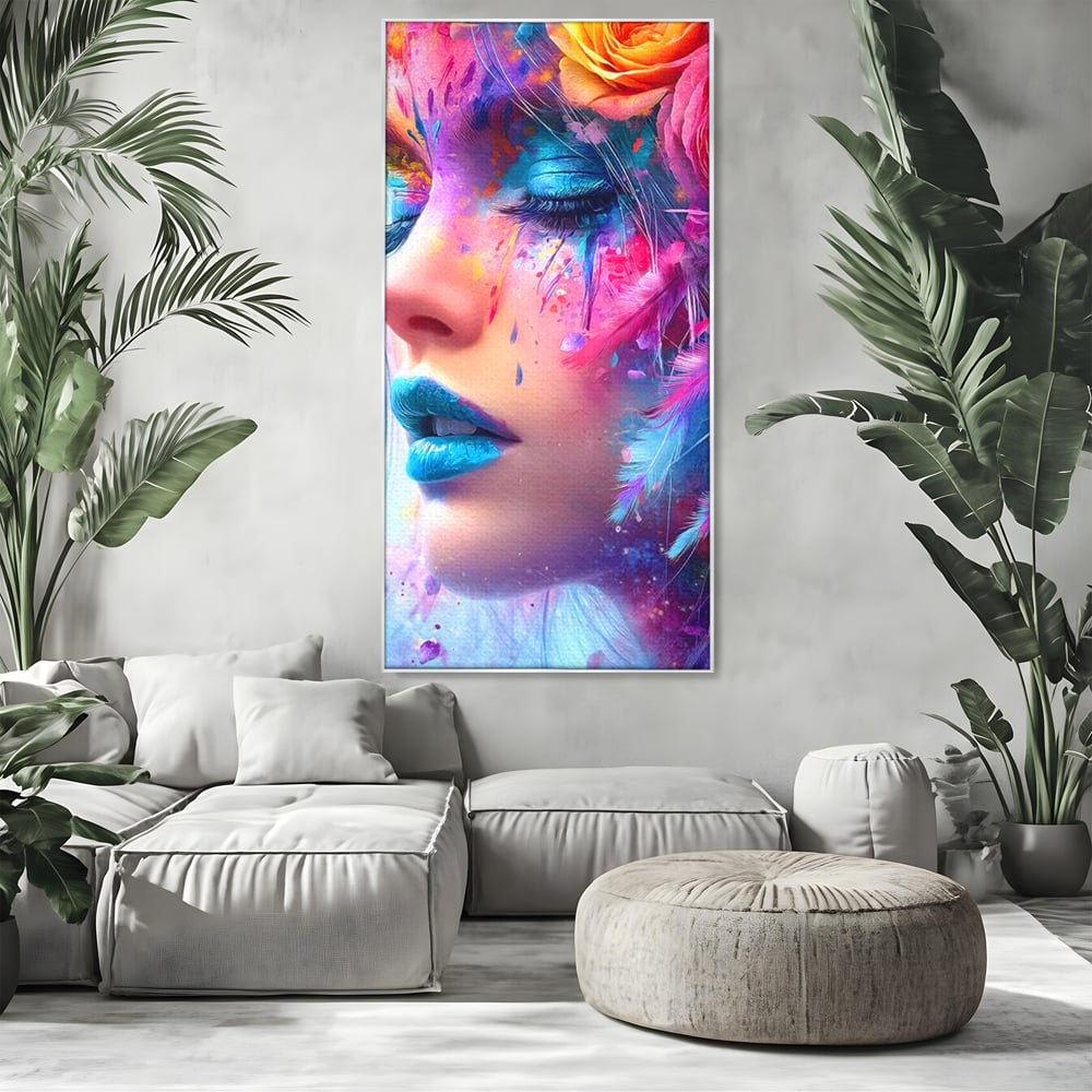 Tablou Canvas Premium, LuxCanva® G1164, Fantezie Florala, Cromatic, Culori, Vis, Explozie, Emotii, Floral, Pleoape, Albastre, Pene, Machiaj, Par, Artistic, Salon, Birou, Living, Dormitor
