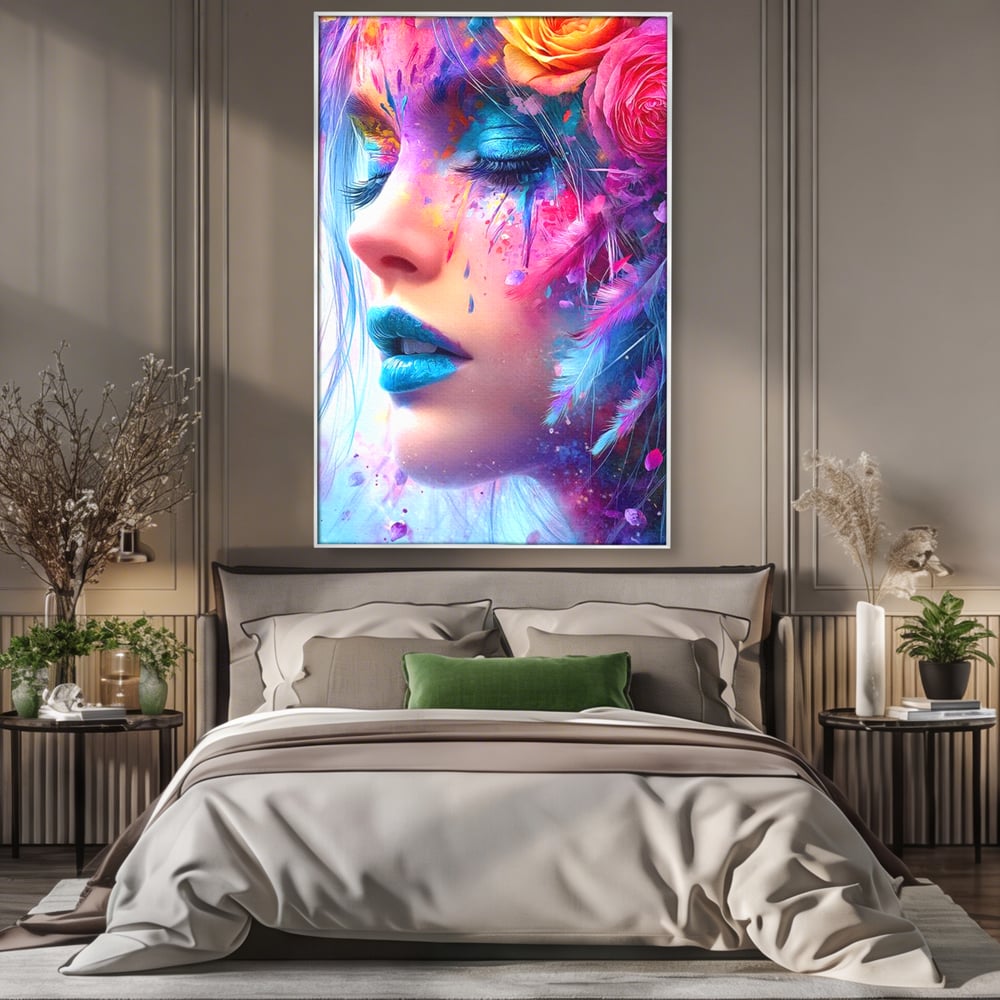 Tablou Canvas Premium, LuxCanva® G1164, Fantezie Florala, Cromatic, Culori, Vis, Explozie, Emotii, Floral, Pleoape, Albastre, Pene, Machiaj, Par, Artistic, Salon, Birou, Living, Dormitor