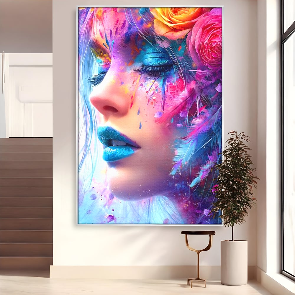 Tablou Canvas Premium, LuxCanva® G1164, Fantezie Florala, Cromatic, Culori, Vis, Explozie, Emotii, Floral, Pleoape, Albastre, Pene, Machiaj, Par, Artistic, Salon, Birou, Living, Dormitor