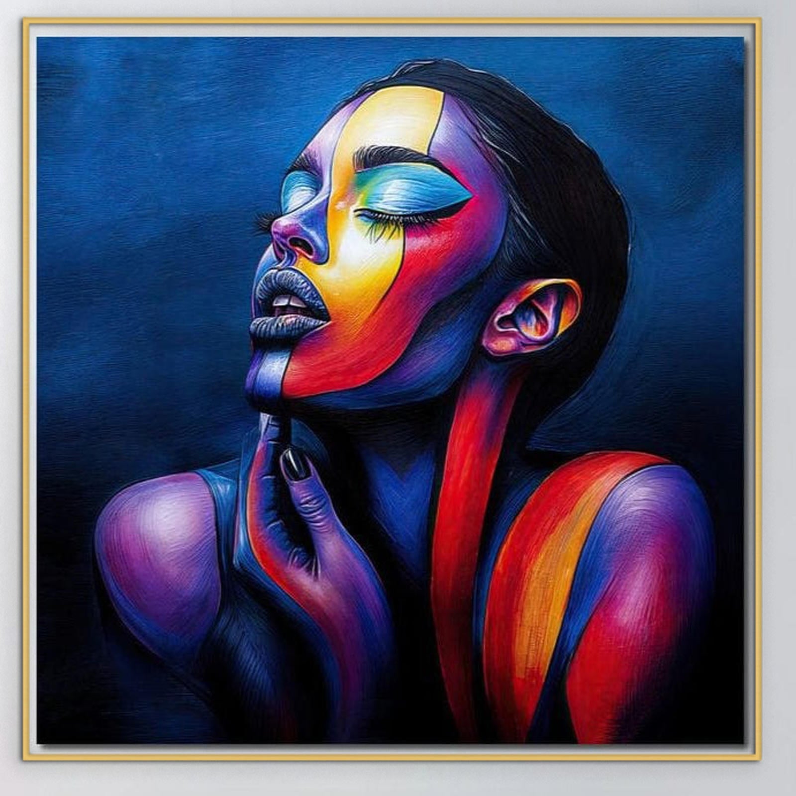 Experimentați "Tablou Canvas Premium, LuxCanva® G1165", o pictură vibrantă a unei femei meditative în nuanțe îndrăznețe, perfectă pentru decorarea biroului, a sufrageriei sau a dormitorului - o lucrare de calitate premium care captează emoția și strălucirea de la LuxCanva®.