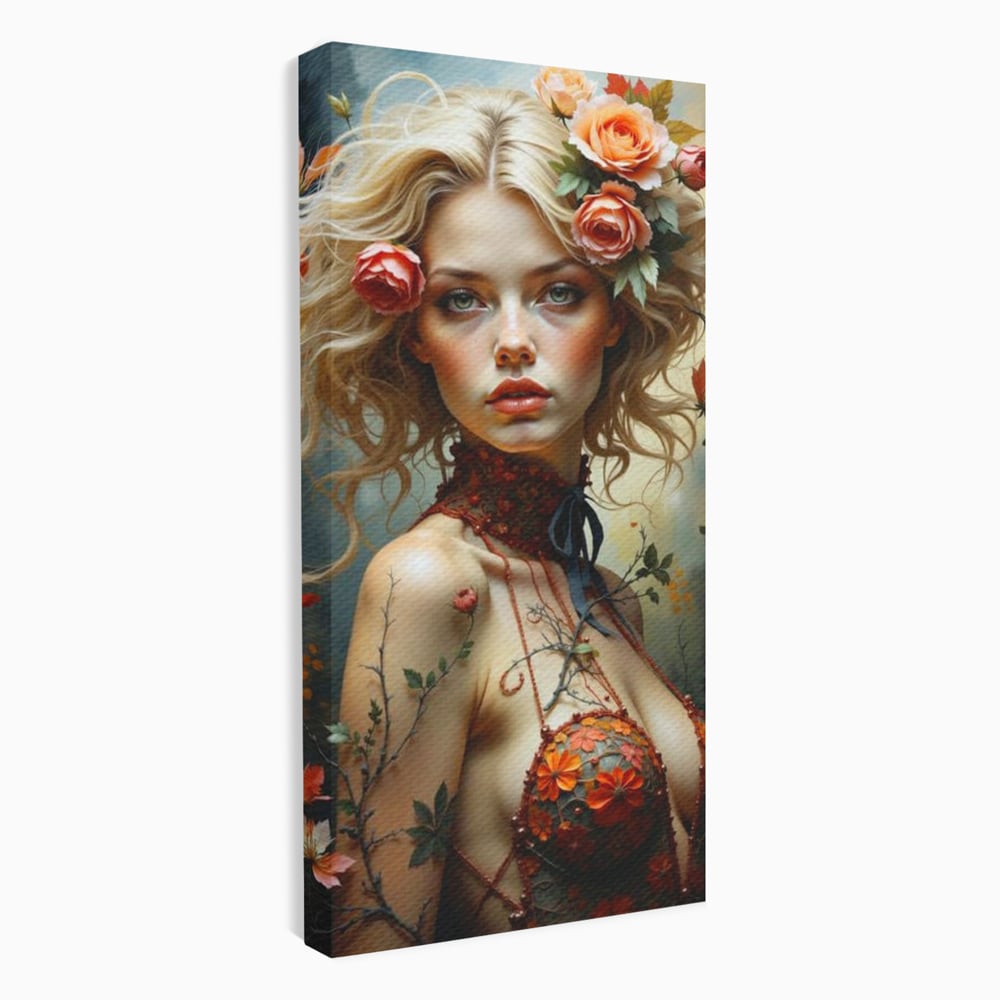 Leinwandbilder Premium, LuxCanva® G1167, Frau im Wald, Fantastisch, Blumen, Natur, Romantisch, Mystisch, Göttin, Bohème, Böhmisch, Fee, Wild, Kleid, Floral, Blond, Büro, Wohnen, Schlafzimmer