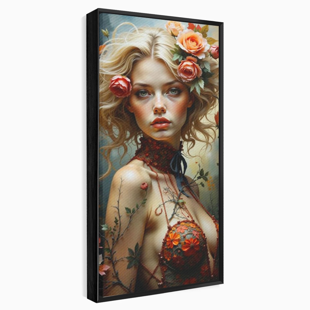 Leinwandbilder Premium, LuxCanva® G1167, Frau im Wald, Fantastisch, Blumen, Natur, Romantisch, Mystisch, Göttin, Bohème, Böhmisch, Fee, Wild, Kleid, Floral, Blond, Büro, Wohnen, Schlafzimmer