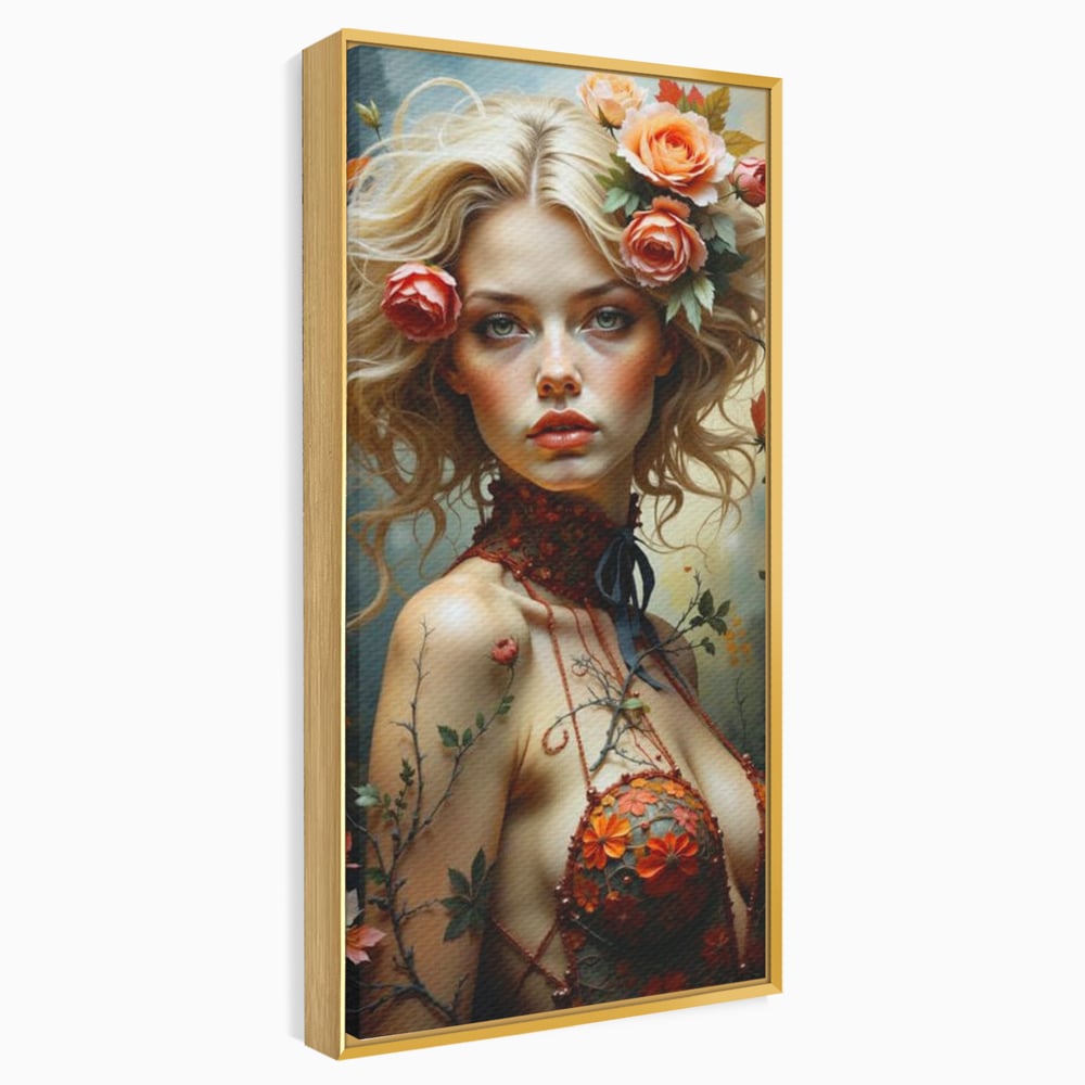 Leinwandbilder Premium, LuxCanva® G1167, Frau im Wald, Fantastisch, Blumen, Natur, Romantisch, Mystisch, Göttin, Bohème, Böhmisch, Fee, Wild, Kleid, Floral, Blond, Büro, Wohnen, Schlafzimmer