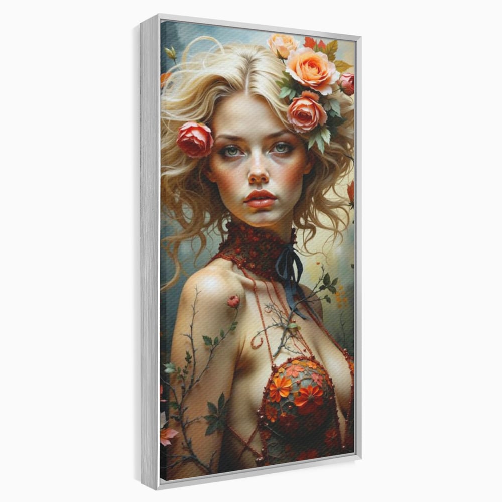 Leinwandbilder Premium, LuxCanva® G1167, Frau im Wald, Fantastisch, Blumen, Natur, Romantisch, Mystisch, Göttin, Bohème, Böhmisch, Fee, Wild, Kleid, Floral, Blond, Büro, Wohnen, Schlafzimmer