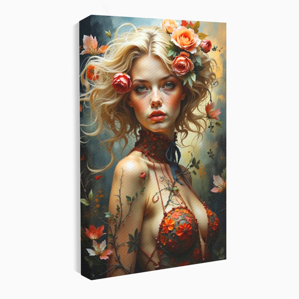 Leinwandbilder Premium, LuxCanva® G1167, Frau im Wald, Fantastisch, Blumen, Natur, Romantisch, Mystisch, Göttin, Bohème, Böhmisch, Fee, Wild, Kleid, Floral, Blond, Büro, Wohnen, Schlafzimmer