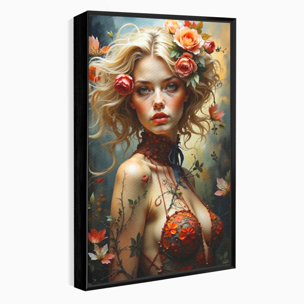 Leinwandbilder Premium, LuxCanva® G1167, Frau im Wald, Fantastisch, Blumen, Natur, Romantisch, Mystisch, Göttin, Bohème, Böhmisch, Fee, Wild, Kleid, Floral, Blond, Büro, Wohnen, Schlafzimmer