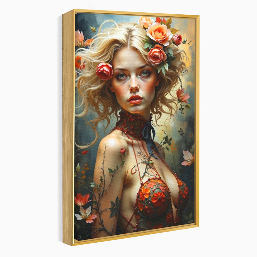 Leinwandbilder Premium, LuxCanva® G1167, Frau im Wald, Fantastisch, Blumen, Natur, Romantisch, Mystisch, Göttin, Bohème, Böhmisch, Fee, Wild, Kleid, Floral, Blond, Büro, Wohnen, Schlafzimmer