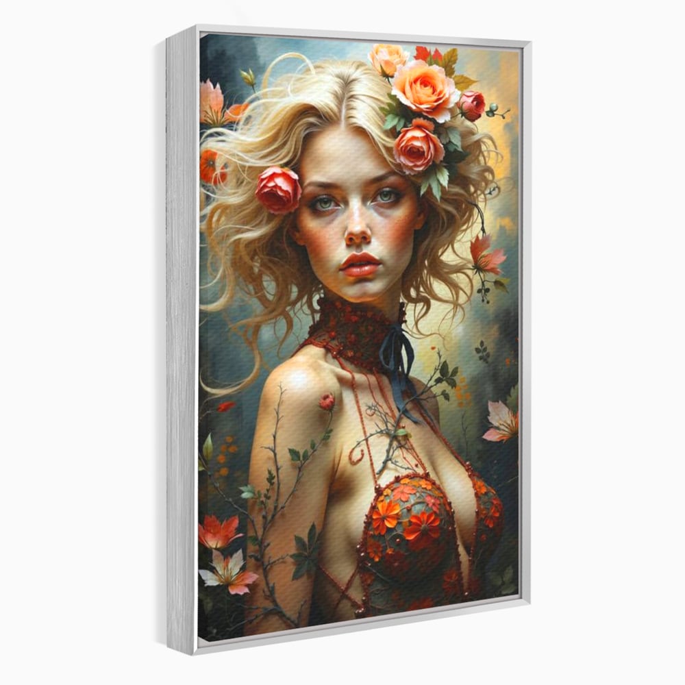 Leinwandbilder Premium, LuxCanva® G1167, Frau im Wald, Fantastisch, Blumen, Natur, Romantisch, Mystisch, Göttin, Bohème, Böhmisch, Fee, Wild, Kleid, Floral, Blond, Büro, Wohnen, Schlafzimmer