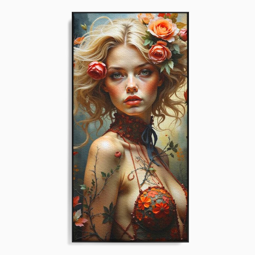 Leinwandbilder Premium, LuxCanva® G1167, Frau im Wald, Fantastisch, Blumen, Natur, Romantisch, Mystisch, Göttin, Bohème, Böhmisch, Fee, Wild, Kleid, Floral, Blond, Büro, Wohnen, Schlafzimmer