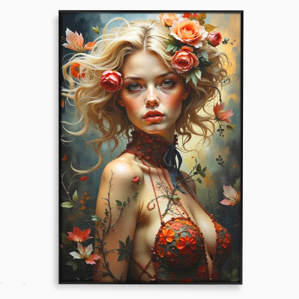 Leinwandbilder Premium, LuxCanva® G1167, Frau im Wald, Fantastisch, Blumen, Natur, Romantisch, Mystisch, Göttin, Bohème, Böhmisch, Fee, Wild, Kleid, Floral, Blond, Büro, Wohnen, Schlafzimmer