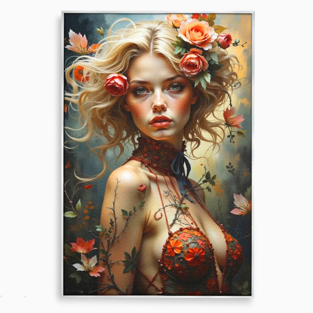 Leinwandbilder Premium, LuxCanva® G1167, Frau im Wald, Fantastisch, Blumen, Natur, Romantisch, Mystisch, Göttin, Bohème, Böhmisch, Fee, Wild, Kleid, Floral, Blond, Büro, Wohnen, Schlafzimmer