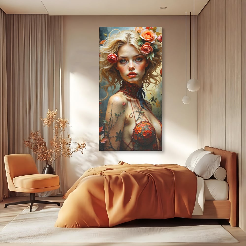 Leinwandbilder Premium, LuxCanva® G1167, Frau im Wald, Fantastisch, Blumen, Natur, Romantisch, Mystisch, Göttin, Bohème, Böhmisch, Fee, Wild, Kleid, Floral, Blond, Büro, Wohnen, Schlafzimmer