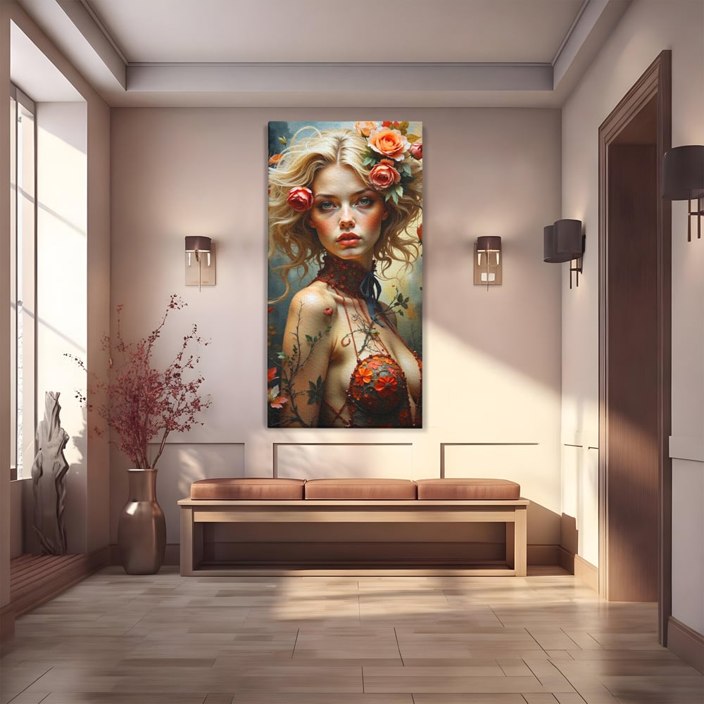 Leinwandbilder Premium, LuxCanva® G1167, Frau im Wald, Fantastisch, Blumen, Natur, Romantisch, Mystisch, Göttin, Bohème, Böhmisch, Fee, Wild, Kleid, Floral, Blond, Büro, Wohnen, Schlafzimmer