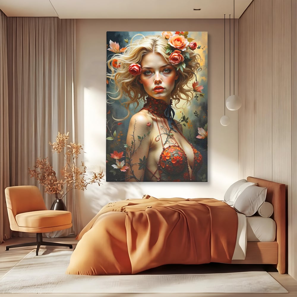 Leinwandbilder Premium, LuxCanva® G1167, Frau im Wald, Fantastisch, Blumen, Natur, Romantisch, Mystisch, Göttin, Bohème, Böhmisch, Fee, Wild, Kleid, Floral, Blond, Büro, Wohnen, Schlafzimmer
