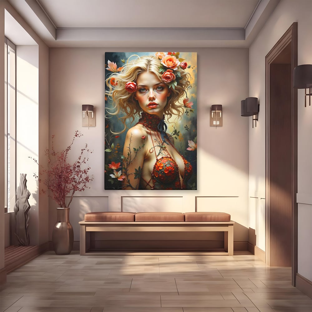 Leinwandbilder Premium, LuxCanva® G1167, Frau im Wald, Fantastisch, Blumen, Natur, Romantisch, Mystisch, Göttin, Bohème, Böhmisch, Fee, Wild, Kleid, Floral, Blond, Büro, Wohnen, Schlafzimmer