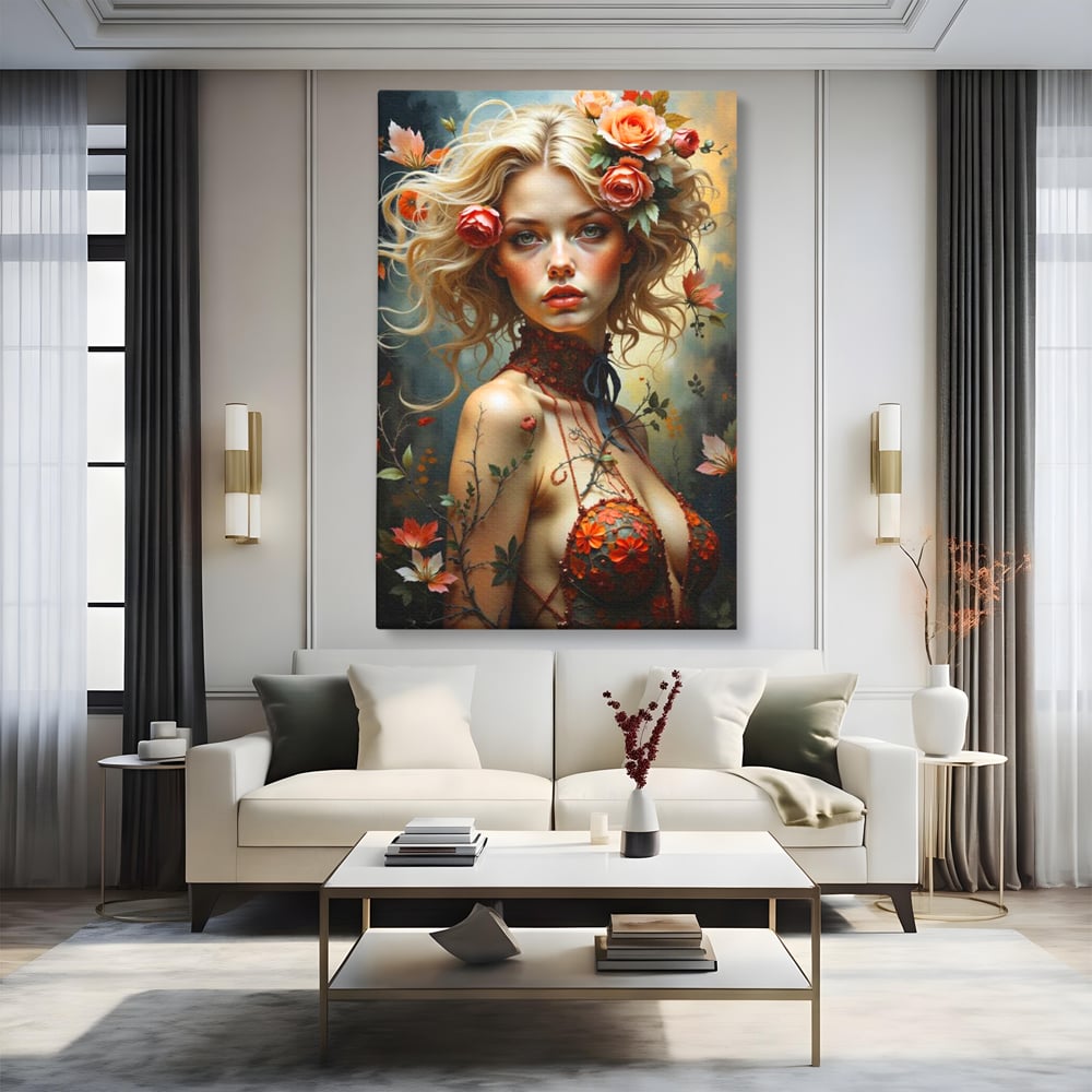 Leinwandbilder Premium, LuxCanva® G1167, Frau im Wald, Fantastisch, Blumen, Natur, Romantisch, Mystisch, Göttin, Bohème, Böhmisch, Fee, Wild, Kleid, Floral, Blond, Büro, Wohnen, Schlafzimmer
