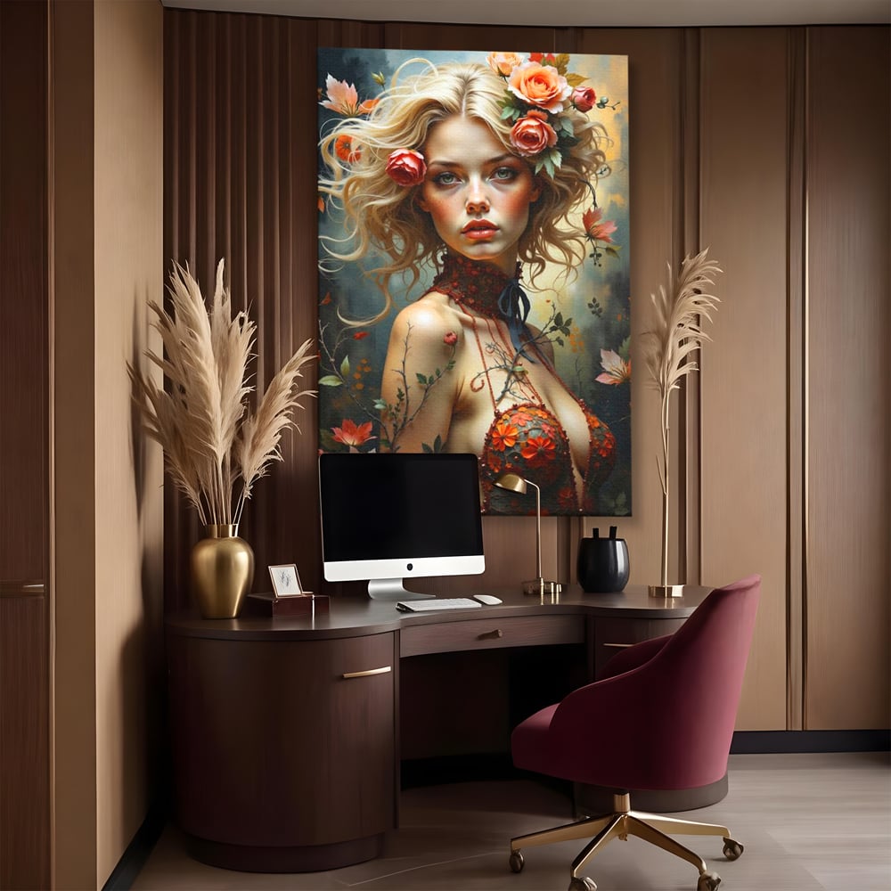 Leinwandbilder Premium, LuxCanva® G1167, Frau im Wald, Fantastisch, Blumen, Natur, Romantisch, Mystisch, Göttin, Bohème, Böhmisch, Fee, Wild, Kleid, Floral, Blond, Büro, Wohnen, Schlafzimmer