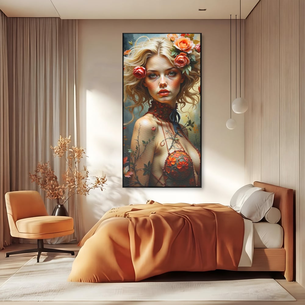 Leinwandbilder Premium, LuxCanva® G1167, Frau im Wald, Fantastisch, Blumen, Natur, Romantisch, Mystisch, Göttin, Bohème, Böhmisch, Fee, Wild, Kleid, Floral, Blond, Büro, Wohnen, Schlafzimmer