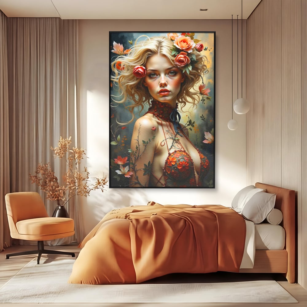 Leinwandbilder Premium, LuxCanva® G1167, Frau im Wald, Fantastisch, Blumen, Natur, Romantisch, Mystisch, Göttin, Bohème, Böhmisch, Fee, Wild, Kleid, Floral, Blond, Büro, Wohnen, Schlafzimmer