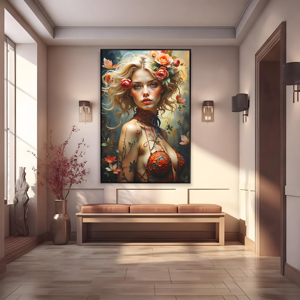 Leinwandbilder Premium, LuxCanva® G1167, Frau im Wald, Fantastisch, Blumen, Natur, Romantisch, Mystisch, Göttin, Bohème, Böhmisch, Fee, Wild, Kleid, Floral, Blond, Büro, Wohnen, Schlafzimmer