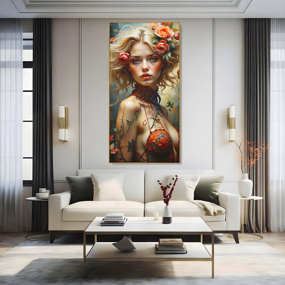 Leinwandbilder Premium, LuxCanva® G1167, Frau im Wald, Fantastisch, Blumen, Natur, Romantisch, Mystisch, Göttin, Bohème, Böhmisch, Fee, Wild, Kleid, Floral, Blond, Büro, Wohnen, Schlafzimmer