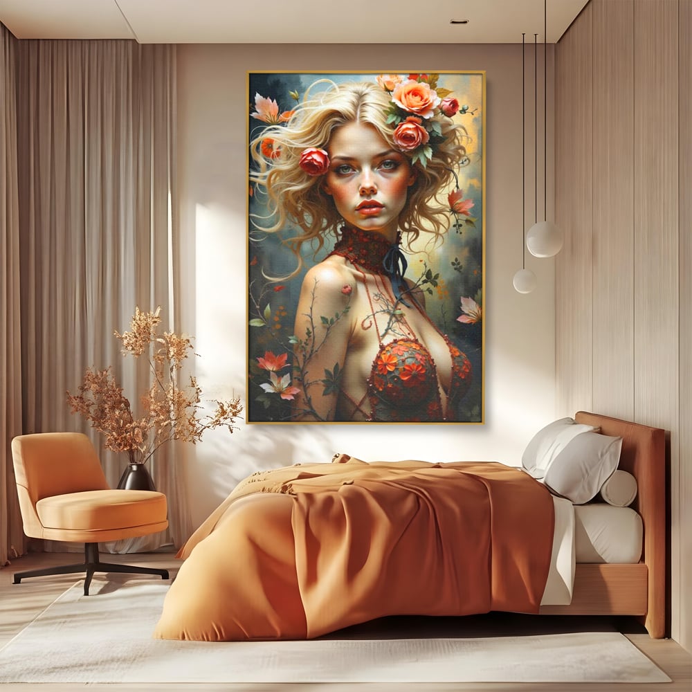 Leinwandbilder Premium, LuxCanva® G1167, Frau im Wald, Fantastisch, Blumen, Natur, Romantisch, Mystisch, Göttin, Bohème, Böhmisch, Fee, Wild, Kleid, Floral, Blond, Büro, Wohnen, Schlafzimmer