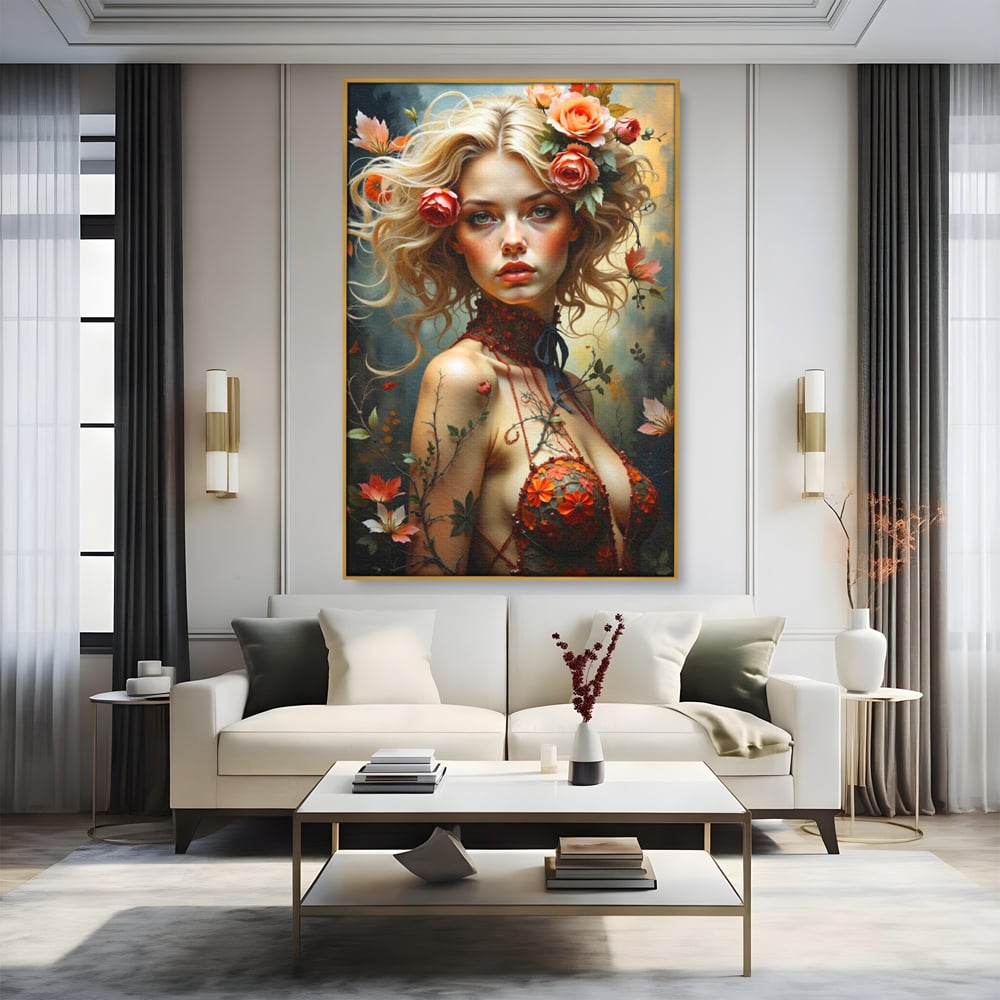 Leinwandbilder Premium, LuxCanva® G1167, Frau im Wald, Fantastisch, Blumen, Natur, Romantisch, Mystisch, Göttin, Bohème, Böhmisch, Fee, Wild, Kleid, Floral, Blond, Büro, Wohnen, Schlafzimmer