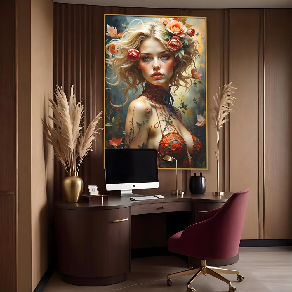 Leinwandbilder Premium, LuxCanva® G1167, Frau im Wald, Fantastisch, Blumen, Natur, Romantisch, Mystisch, Göttin, Bohème, Böhmisch, Fee, Wild, Kleid, Floral, Blond, Büro, Wohnen, Schlafzimmer